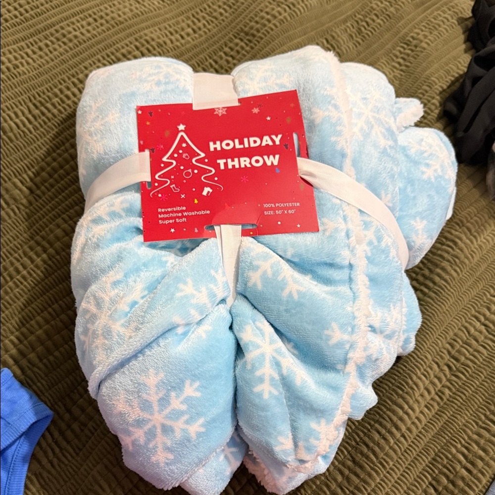 Blue Holiday Throw Blanket with Snowflake Design